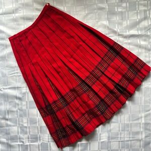 Aljean Vintage Wool High-rise Pleated Red Plaid Mid-length Skirt
